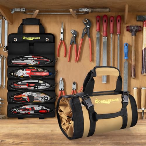 Premium Tool Roll Organizer, Heavy-Duty Portable Tool Storage Bag with 2 Enhanced Durable Zipper Pouches, Compact Tool Carrier for Electricians and Mechanics, Ideal Gift for Men and Women,Black