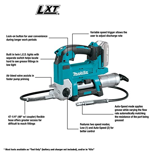 Makita DGP180SYX1 18V LXT Cordless Variable Speed Grease Gun Kit with Battery (1.5 Ah), Charger & Tool Bag