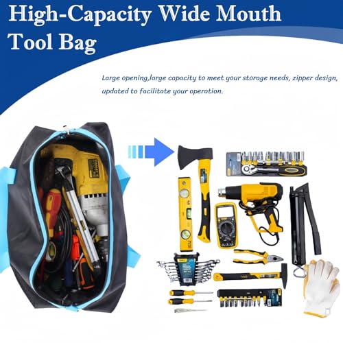 BLIRITEL Wide Mouth Tool Bag, Heavy Duty Tool Bag for Men, High Capacity Tool Tote Bag for Electricians, Multipurpose Power Tool Bag Organizer for Mechanics Carpenters (20 Inch)