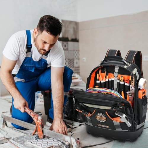 Backpack Tool Bag for Men, Durable Electrician 78 - Pockets & Loops Tools Bag Heavy Duty Pro Tool Organizer for Tradesman, HVAC Tool Carrier for Construction with Molded Base and Combination Lock