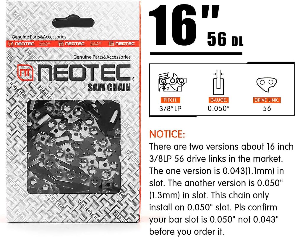 NEO-TEC 16 Inch Chainsaw Chain 3/8" LP Pitch, 0.050" Gauge, 56 Drive Links Fits for Craftsman, Poulan, Echo, Greenworks Chainsaw and More- S56 (3 Chains)