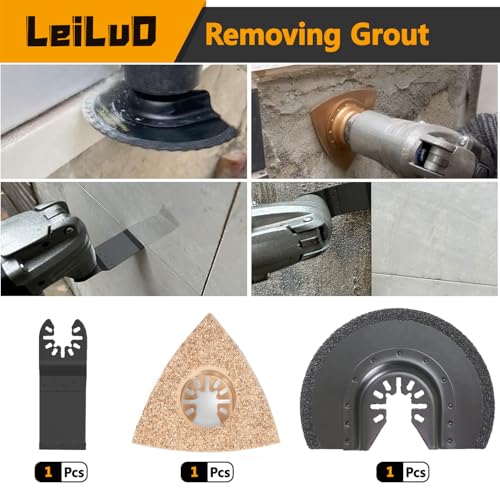 LEILUO 112 Pcs Multitool Blade Kits Cutting Sanding Grout Removal Oscillating Tool Accessories Universal Oscillating Saw Blades with Storage Bag Compatible with DeWalt Makita Dremel and More