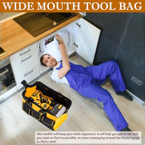 BLIRITEL 13 Inch Tool Bag for Men with Waterproof Hard Bottom, Heavy Duty Wide Mouth Tool Tote Bag, Multi-Pockets Tool Bag Organizer for Electrician Carpenter Mechanic (Yellow)