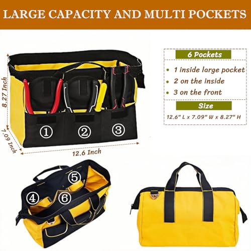 BLIRITEL 13 Inch Tool Bag for Men with Waterproof Hard Bottom, Heavy Duty Wide Mouth Tool Tote Bag, Multi-Pockets Tool Bag Organizer for Electrician Carpenter Mechanic (Yellow)