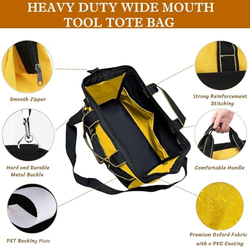 BLIRITEL 13 Inch Tool Bag for Men with Waterproof Hard Bottom, Heavy Duty Wide Mouth Tool Tote Bag, Multi-Pockets Tool Bag Organizer for Electrician Carpenter Mechanic (Yellow)