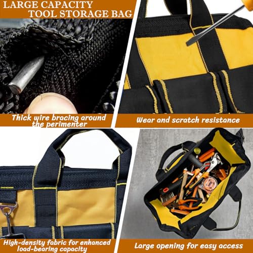 BLIRITEL 13 Inch Tool Bag for Men with Waterproof Hard Bottom, Heavy Duty Wide Mouth Tool Tote Bag, Multi-Pockets Tool Bag Organizer for Electrician Carpenter Mechanic (Yellow)