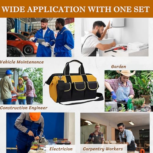 BLIRITEL 13 Inch Tool Bag for Men with Waterproof Hard Bottom, Heavy Duty Wide Mouth Tool Tote Bag, Multi-Pockets Tool Bag Organizer for Electrician Carpenter Mechanic (Yellow)
