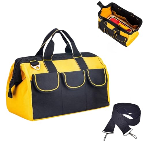 13 Inch Heavy Duty Tool Bag with Waterproof Hard Bottom, Wide Mouth Multi Pocket Organizer for Electricians, Carpenters, Mechanics (Yellow)