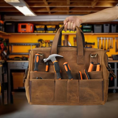 Leather Tool Bag Wide Mouth Tool Storage Bag for Hand Tools 16 inch Tool Tote Bag, Gardening, Outdoorsmen, Heavy Duty Premium Storage Leather Organizer Electrician Tool Bag