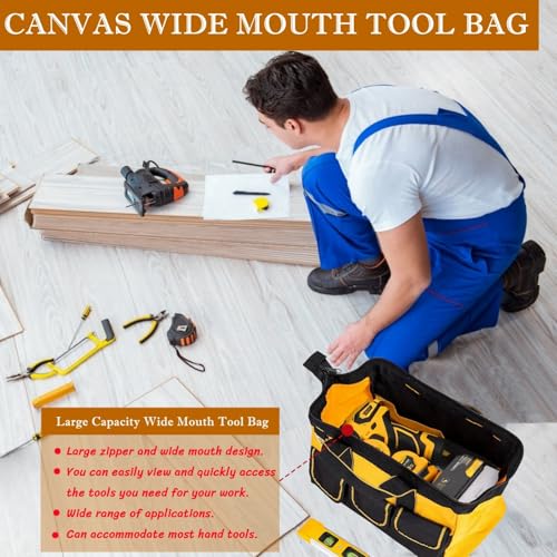 13 Inch Heavy Duty Tool Bag with Waterproof Hard Bottom, Wide Mouth Multi Pocket Organizer for Electricians, Carpenters, Mechanics (Yellow)