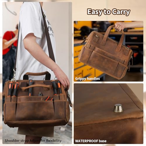 Leather Tool Bag Wide Mouth Tool Storage Bag for Hand Tools 16 inch Tool Tote Bag, Gardening, Outdoorsmen, Heavy Duty Premium Storage Leather Organizer Electrician Tool Bag