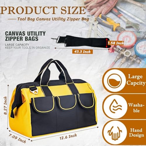 13 Inch Heavy Duty Tool Bag with Waterproof Hard Bottom, Wide Mouth Multi Pocket Organizer for Electricians, Carpenters, Mechanics (Yellow)