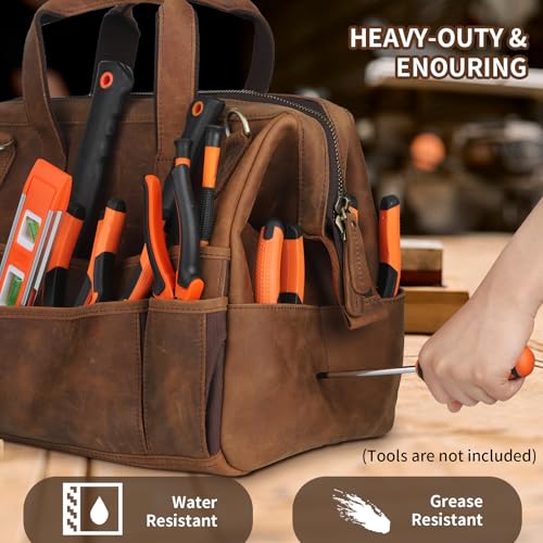 Leather Tool Bag Wide Mouth Tool Storage Bag for Hand Tools 16 inch Tool Tote Bag, Gardening, Outdoorsmen, Heavy Duty Premium Storage Leather Organizer Electrician Tool Bag