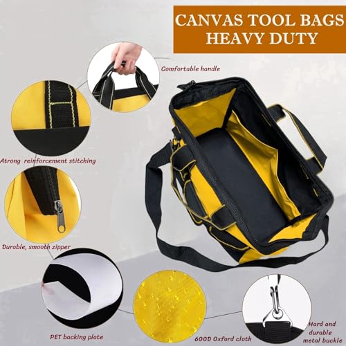 13 Inch Heavy Duty Tool Bag with Waterproof Hard Bottom, Wide Mouth Multi Pocket Organizer for Electricians, Carpenters, Mechanics (Yellow)