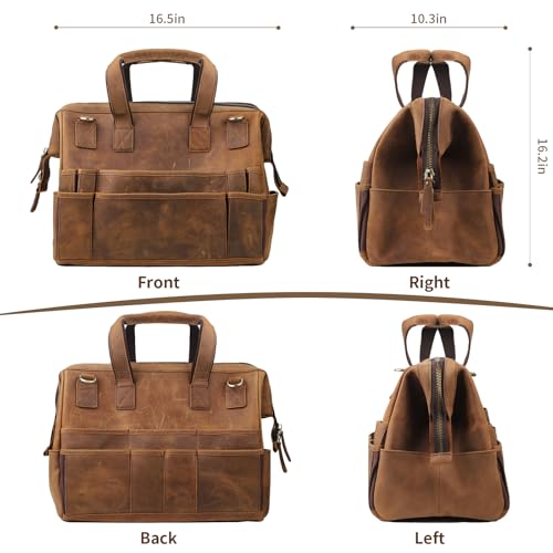 Leather Tool Bag Wide Mouth Tool Storage Bag for Hand Tools 16 inch Tool Tote Bag, Gardening, Outdoorsmen, Heavy Duty Premium Storage Leather Organizer Electrician Tool Bag