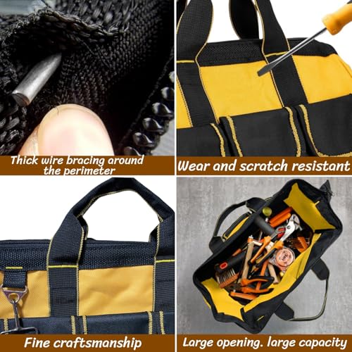 13 Inch Heavy Duty Tool Bag with Waterproof Hard Bottom, Wide Mouth Multi Pocket Organizer for Electricians, Carpenters, Mechanics (Yellow)