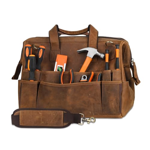 Leather Tool Bag Wide Mouth Tool Storage Bag for Hand Tools 16 inch Tool Tote Bag, Gardening, Outdoorsmen, Heavy Duty Premium Storage Leather Organizer Electrician Tool Bag