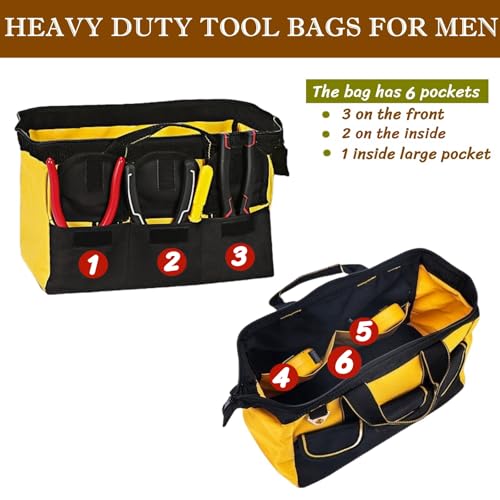 13 Inch Heavy Duty Tool Bag with Waterproof Hard Bottom, Wide Mouth Multi Pocket Organizer for Electricians, Carpenters, Mechanics (Yellow)