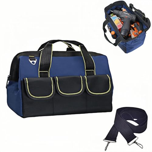13 Inch Heavy Duty Tool Bag for Men, Waterproof Hard Bottom, Wide Mouth with Zipper Tool Bag, Multi Pocket Organizer for Electricians, Carpenters, Mechanics （Blue）