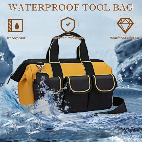 13 Inch Heavy Duty Tool Bag with Waterproof Hard Bottom, Wide Mouth Multi Pocket Organizer for Electricians, Carpenters, Mechanics (Yellow)