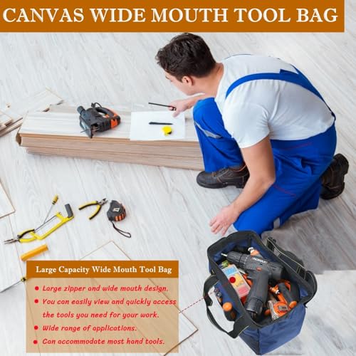 13 Inch Heavy Duty Tool Bag for Men, Waterproof Hard Bottom, Wide Mouth with Zipper Tool Bag, Multi Pocket Organizer for Electricians, Carpenters, Mechanics （Blue）