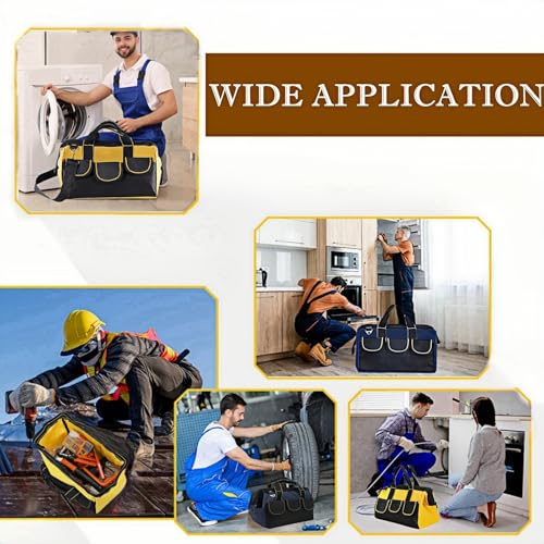 13 Inch Heavy Duty Tool Bag with Waterproof Hard Bottom, Wide Mouth Multi Pocket Organizer for Electricians, Carpenters, Mechanics (Yellow)