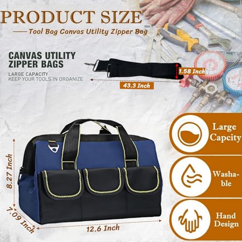 13 Inch Heavy Duty Tool Bag for Men, Waterproof Hard Bottom, Wide Mouth with Zipper Tool Bag, Multi Pocket Organizer for Electricians, Carpenters, Mechanics （Blue）