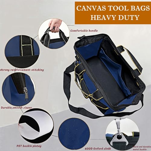 13 Inch Heavy Duty Tool Bag for Men, Waterproof Hard Bottom, Wide Mouth with Zipper Tool Bag, Multi Pocket Organizer for Electricians, Carpenters, Mechanics （Blue）