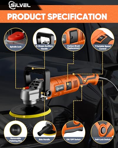 SILVEL Buffer Polisher, 1600W 7 Inch/6 Inch Polisher for Car Detailing, Wax Machine, 7 Variable Speed, with 6 Foam Pads, 3 Wool Pads, Packaging Bag, for Boat Polishing and Waxing