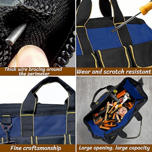 13 Inch Heavy Duty Tool Bag for Men, Waterproof Hard Bottom, Wide Mouth with Zipper Tool Bag, Multi Pocket Organizer for Electricians, Carpenters, Mechanics （Blue）