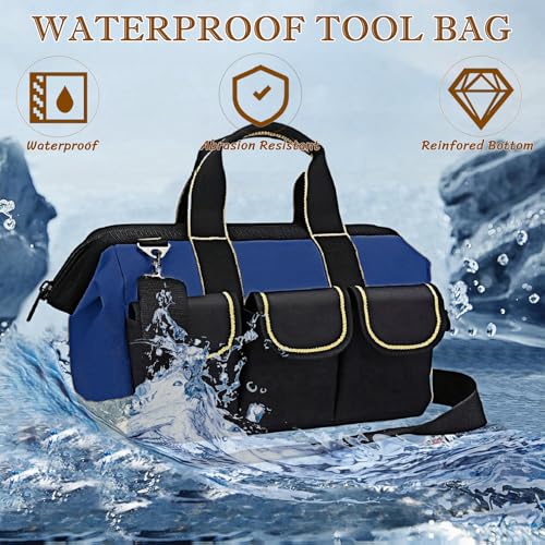 13 Inch Heavy Duty Tool Bag for Men, Waterproof Hard Bottom, Wide Mouth with Zipper Tool Bag, Multi Pocket Organizer for Electricians, Carpenters, Mechanics （Blue）