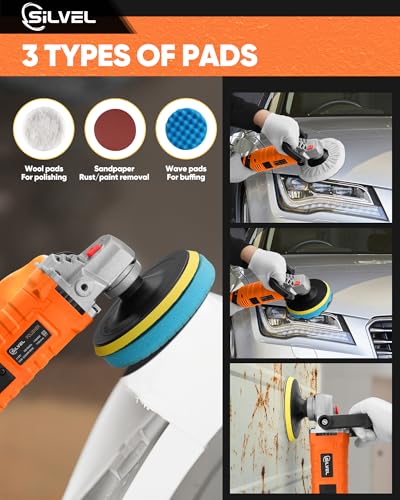 SILVEL Buffer Polisher, 1600W 7 Inch/6 Inch Polisher for Car Detailing, Wax Machine, 7 Variable Speed, with 6 Foam Pads, 3 Wool Pads, Packaging Bag, for Boat Polishing and Waxing