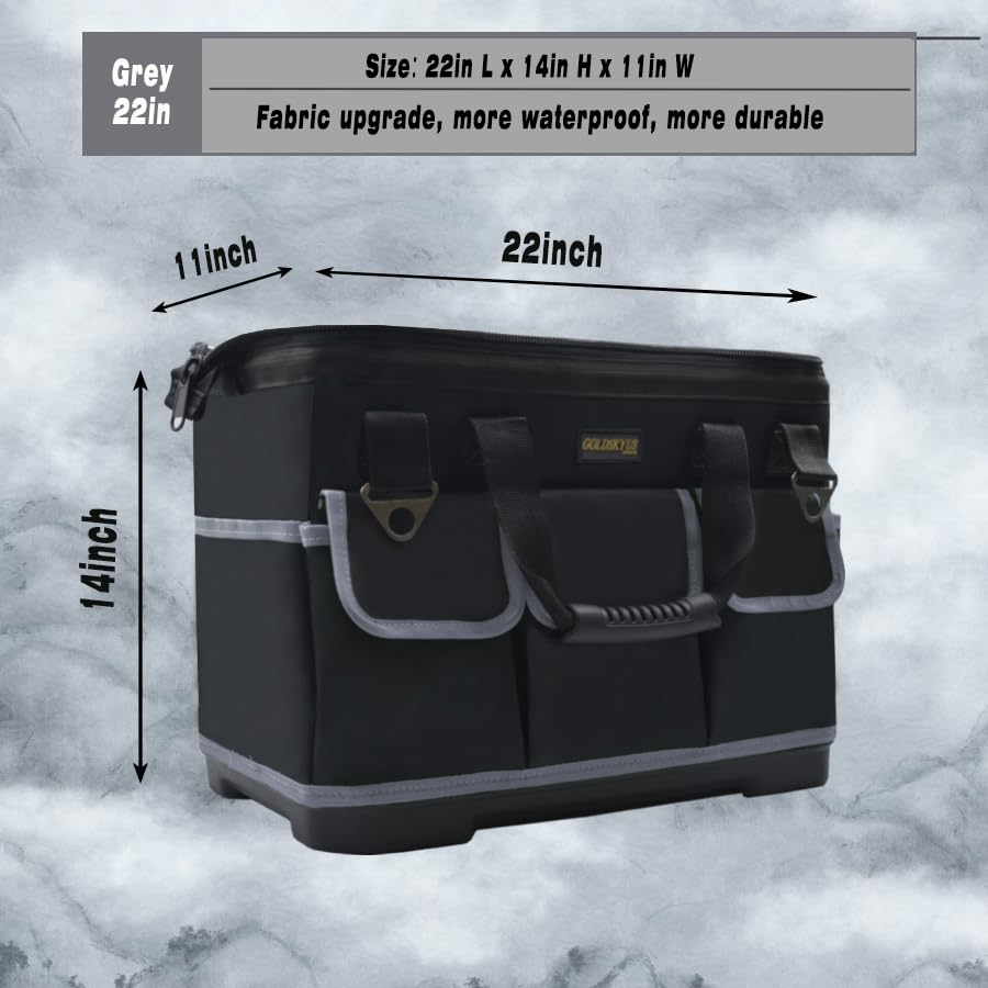 Goldskyus 22-Inch Tool Bag, Bottom Tool Tote, Wide Mouth Heavy Duty Tool Bag, Waterproof Tool Storage Bag With Adjustable Shoulder Strap Equipment Storage, Tool Bag For Man/Woman (Grey-22IN)