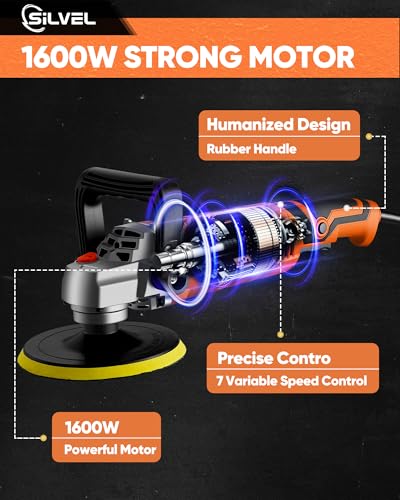 SILVEL Buffer Polisher, 1600W 7 Inch/6 Inch Polisher for Car Detailing, Wax Machine, 7 Variable Speed, with 6 Foam Pads, 3 Wool Pads, Packaging Bag, for Boat Polishing and Waxing
