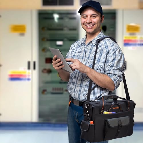 WELKINLAND 15-Pockets Electrician tool box, Large-open Electrical bag, Stand-alone Tech tool bag, Service tool bag, Electrician bags, Electrician tool bag, Electrion tool bag, Maintenance tool bag