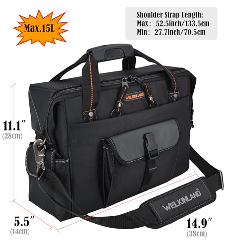 WELKINLAND 15-Pockets Electrician tool box, Large-open Electrical bag, Stand-alone Tech tool bag, Service tool bag, Electrician bags, Electrician tool bag, Electrion tool bag, Maintenance tool bag