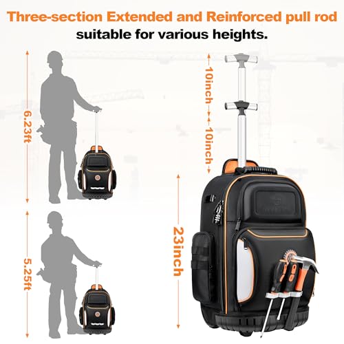 Backpack Tool Bag with Wheel, Rolling Tool Backpack for Electrician Heavy Duty Roller Tool Bag on Wheel for Construction Work, 75 Pockets & Loops Tool Backpack with Molded Base and Combination Lock