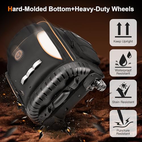 Backpack Tool Bag with Wheel, Rolling Tool Backpack for Electrician Heavy Duty Roller Tool Bag on Wheel for Construction Work, 75 Pockets & Loops Tool Backpack with Molded Base and Combination Lock