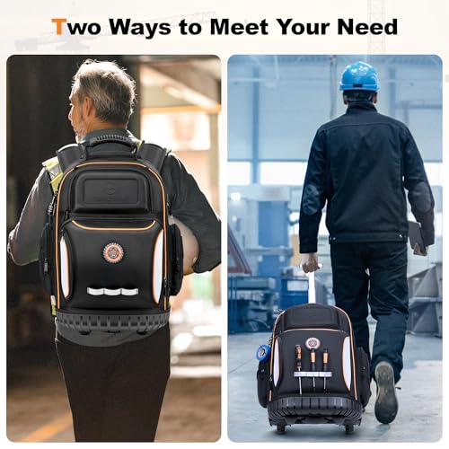 Backpack Tool Bag with Wheel, Rolling Tool Backpack for Electrician Heavy Duty Roller Tool Bag on Wheel for Construction Work, 75 Pockets & Loops Tool Backpack with Molded Base and Combination Lock