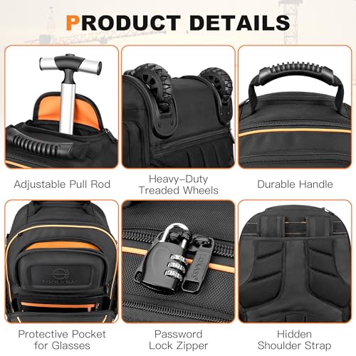 Backpack Tool Bag with Wheel, Rolling Tool Backpack for Electrician Heavy Duty Roller Tool Bag on Wheel for Construction Work, 75 Pockets & Loops Tool Backpack with Molded Base and Combination Lock