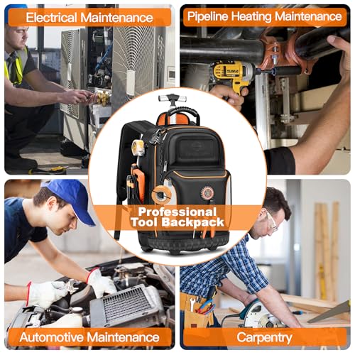 Backpack Tool Bag with Wheel, Rolling Tool Backpack for Electrician Heavy Duty Roller Tool Bag on Wheel for Construction Work, 75 Pockets & Loops Tool Backpack with Molded Base and Combination Lock
