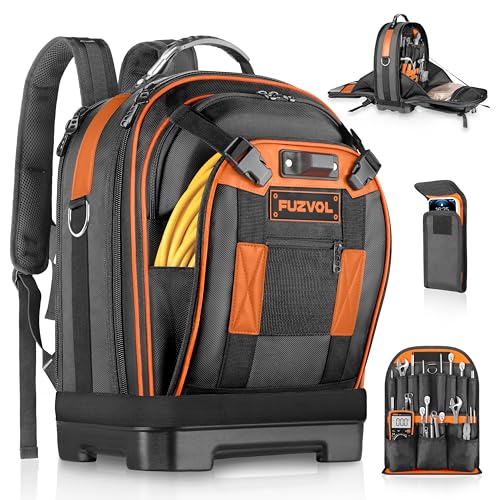 Tool Backpack with Laptop Compartment, Full-Open Tool Bag, Hvac Tool Bags, Heavy Duty Electrician/Construction/Carpentry Work Backpack for Men With Removable Tool Organizer and Phone Pocket, Orange