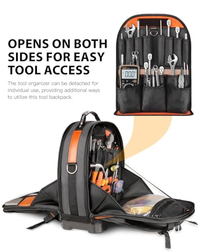 Tool Backpack with Laptop Compartment, Full-Open Tool Bag, Hvac Tool Bags, Heavy Duty Electrician/Construction/Carpentry Work Backpack for Men With Removable Tool Organizer and Phone Pocket, Orange