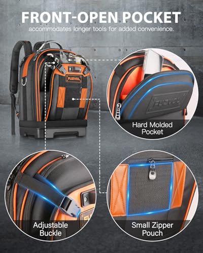 Tool Backpack with Laptop Compartment, Full-Open Tool Bag, Hvac Tool Bags, Heavy Duty Electrician/Construction/Carpentry Work Backpack for Men With Removable Tool Organizer and Phone Pocket, Orange