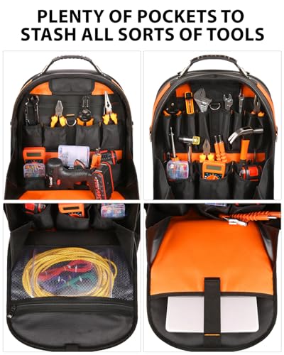 Tool Backpack with Laptop Compartment, Full-Open Tool Bag, Hvac Tool Bags, Heavy Duty Electrician/Construction/Carpentry Work Backpack for Men With Removable Tool Organizer and Phone Pocket, Orange