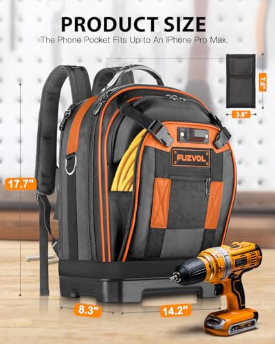 Tool Backpack with Laptop Compartment, Full-Open Tool Bag, Hvac Tool Bags, Heavy Duty Electrician/Construction/Carpentry Work Backpack for Men With Removable Tool Organizer and Phone Pocket, Orange