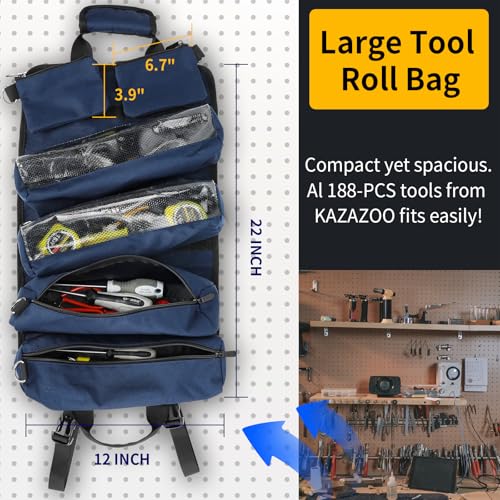Tool Organizer Bag,Tool Roll Up Bag Portable Tool Roll Bag.Detachable Pockets Visible Pocket Compact Heavy Duty Carrier Bag for Electrician Mechanic, Gifts for Dad Men,Blue