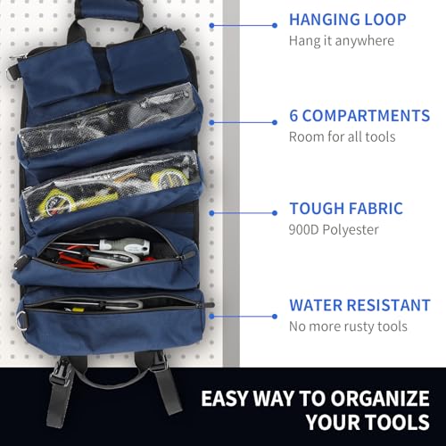 Tool Organizer Bag,Tool Roll Up Bag Portable Tool Roll Bag.Detachable Pockets Visible Pocket Compact Heavy Duty Carrier Bag for Electrician Mechanic, Gifts for Dad Men,Blue