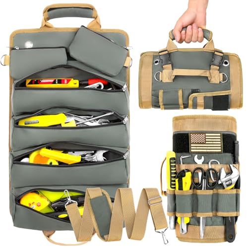 WEREWOLVES Tool Roll up Bag, Roll Tool Bag Organizer with 2 Detachable Tool Pouch, Multifunctional Waterproof Tool Roll Organizer, Multi-pocket Tool Bag for Motorcycle/Truck/Electrician/Mechanic