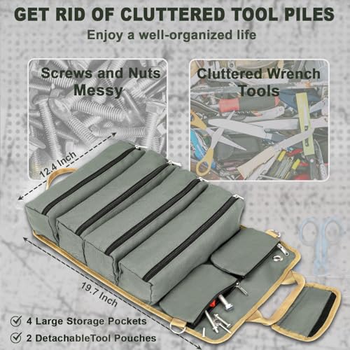 WEREWOLVES Tool Roll up Bag, Roll Tool Bag Organizer with 2 Detachable Tool Pouch, Multifunctional Waterproof Tool Roll Organizer, Multi-pocket Tool Bag for Motorcycle/Truck/Electrician/Mechanic